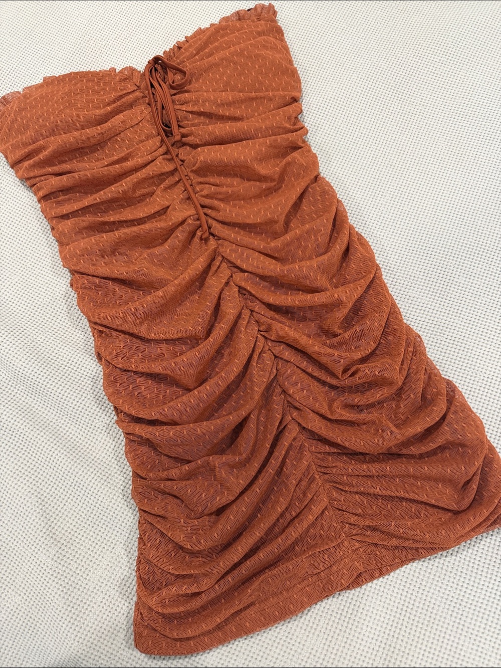 Rust Orange Ruched Strapless Mini Dress